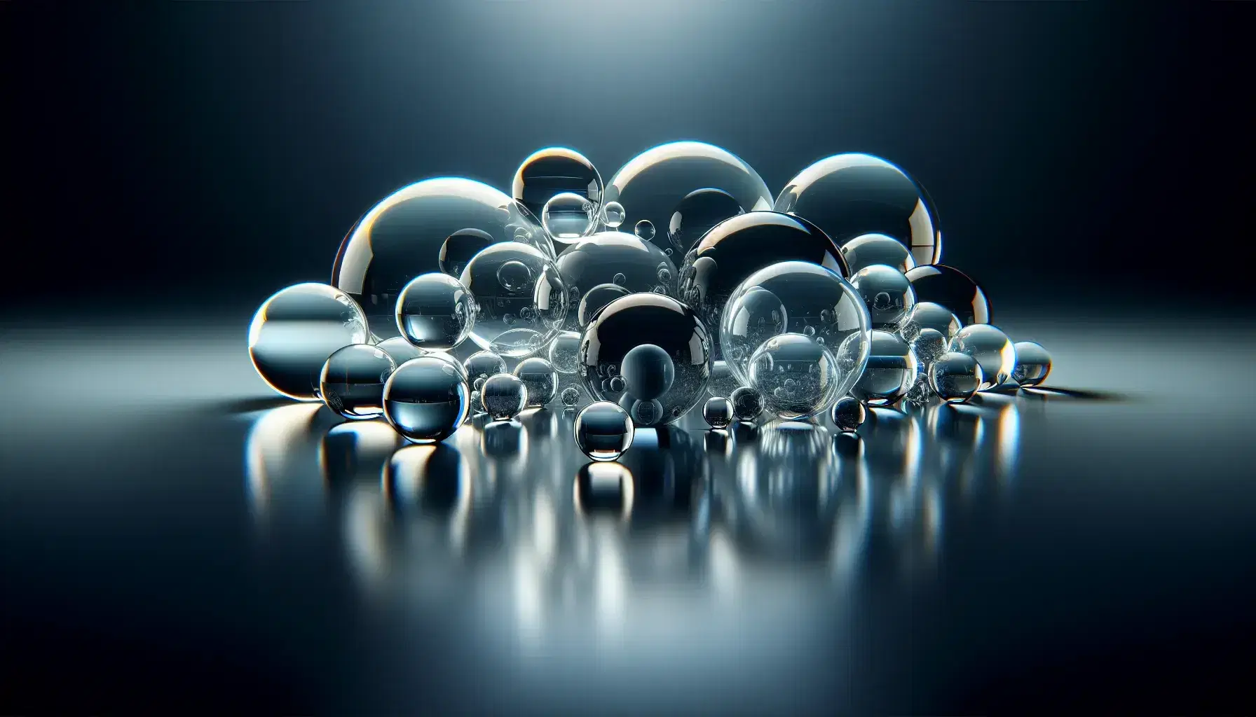 Sfere di vetro trasparenti di varie dimensioni su superficie riflettente grigia scura con giochi di luce e ombre.