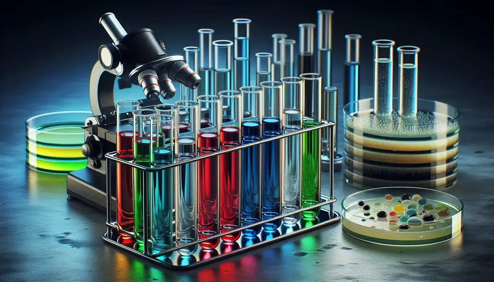 Tubos de ensayo con líquidos de colores rojo, azul, verde, amarillo y transparente en un soporte metálico junto a un microscopio óptico y una placa de Petri con colonias bacterianas.