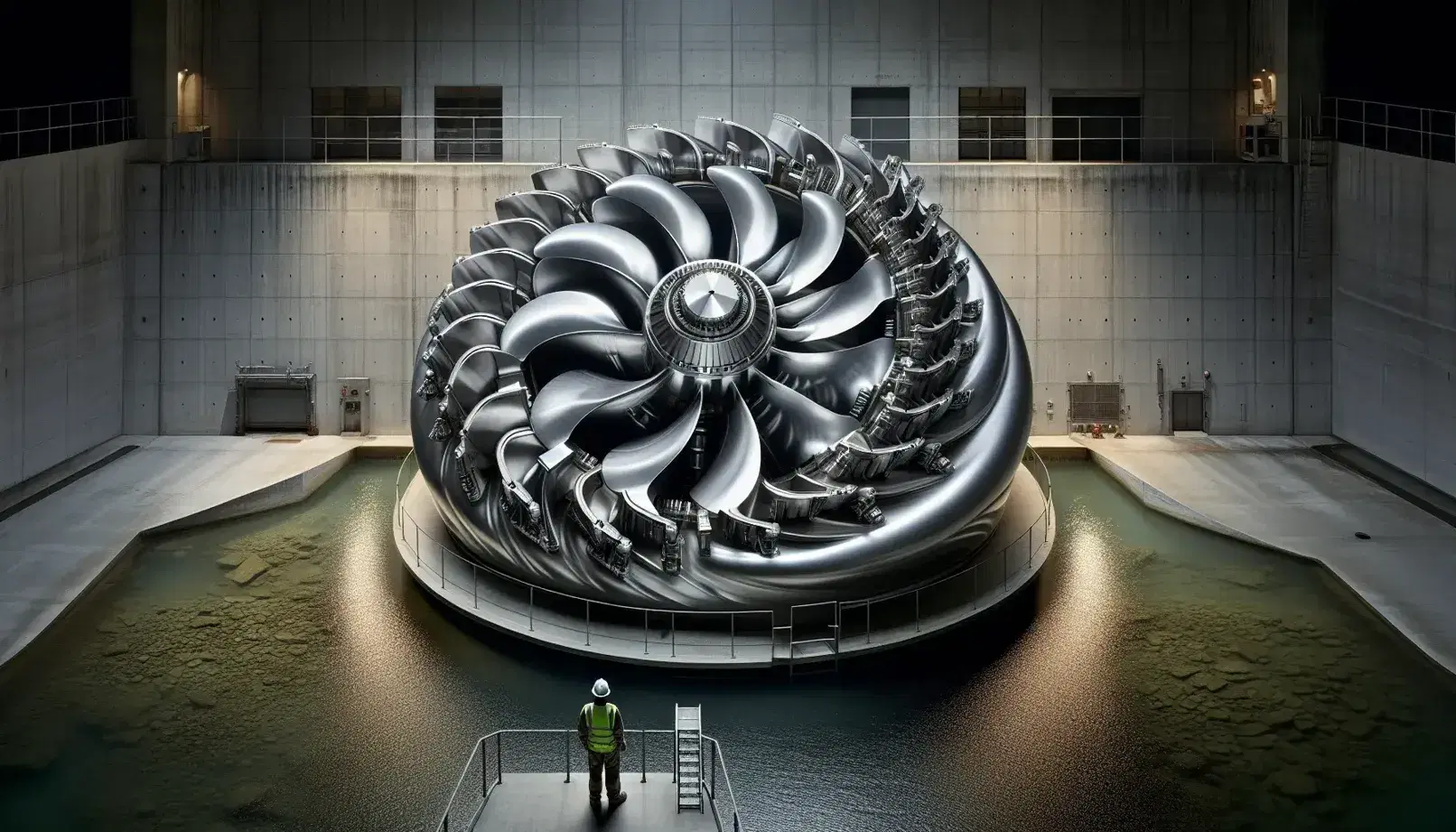 Turbina hidráulica metálica con aspas curvas en instalación acuática, reflejando luz con persona en chaleco reflectante observando, en entorno de concreto.