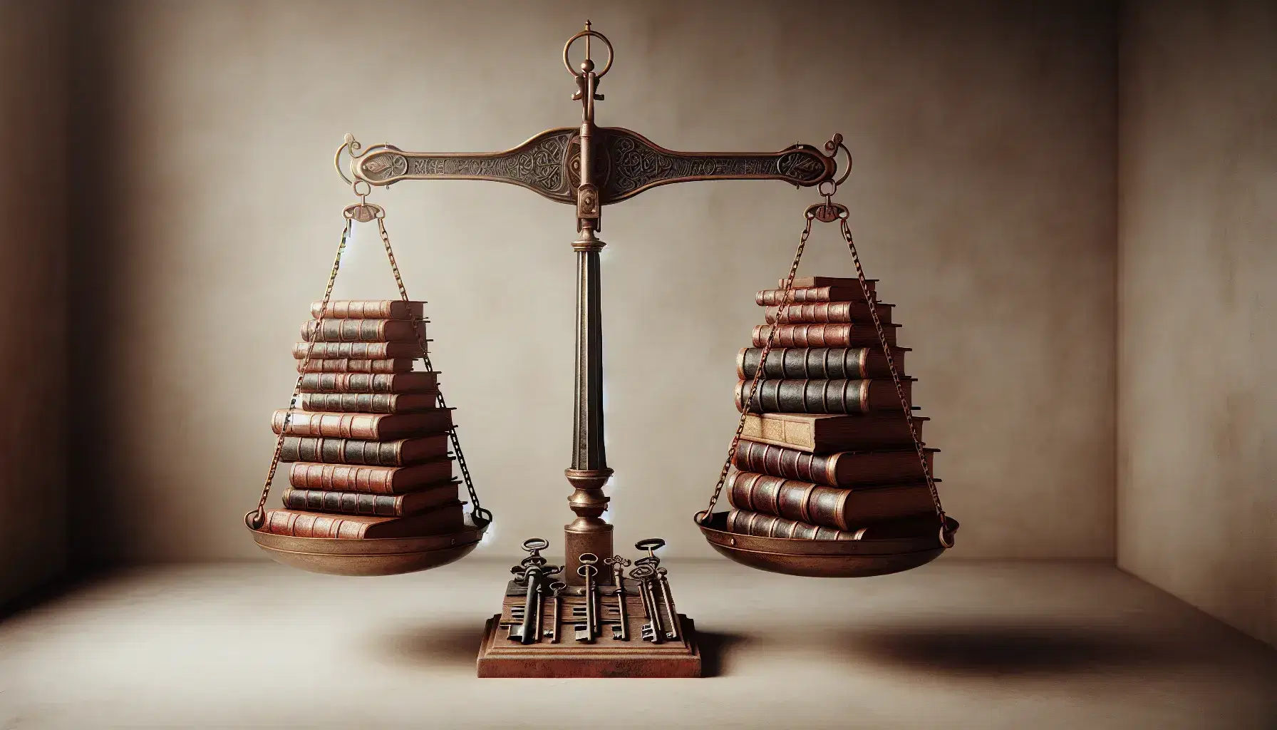 Bilancia antica in equilibrio con piatti in bronzo, libri rilegati in pelle su un piatto e mazzo di chiavi antiche sull'altro, su sfondo neutro.
