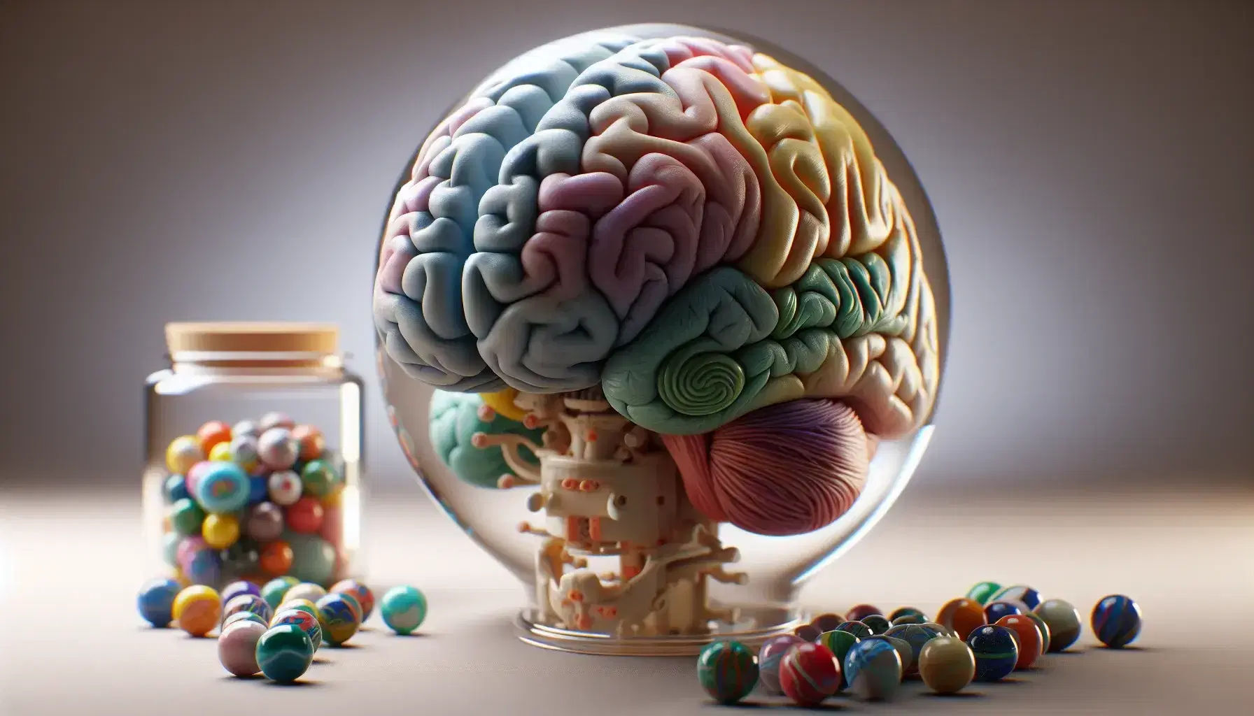 Colorful anatomical model of the human brain with frontal lobes in blue, parietal lobes in pink, occipital lobes in green, temporal lobes in yellow and cerebellum in purple, next to a jar of colored marbles.