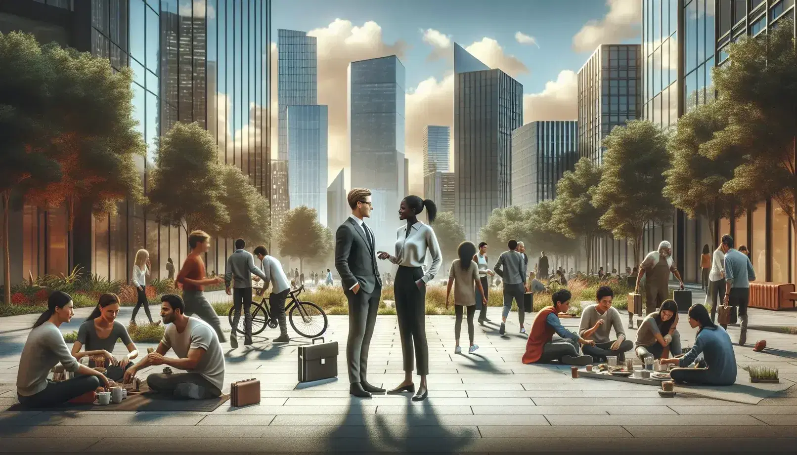 Grupo diverso de personas en espacio urbano con edificios modernos, incluyendo conversación de negocios, reparación de bicicleta y comida compartida.