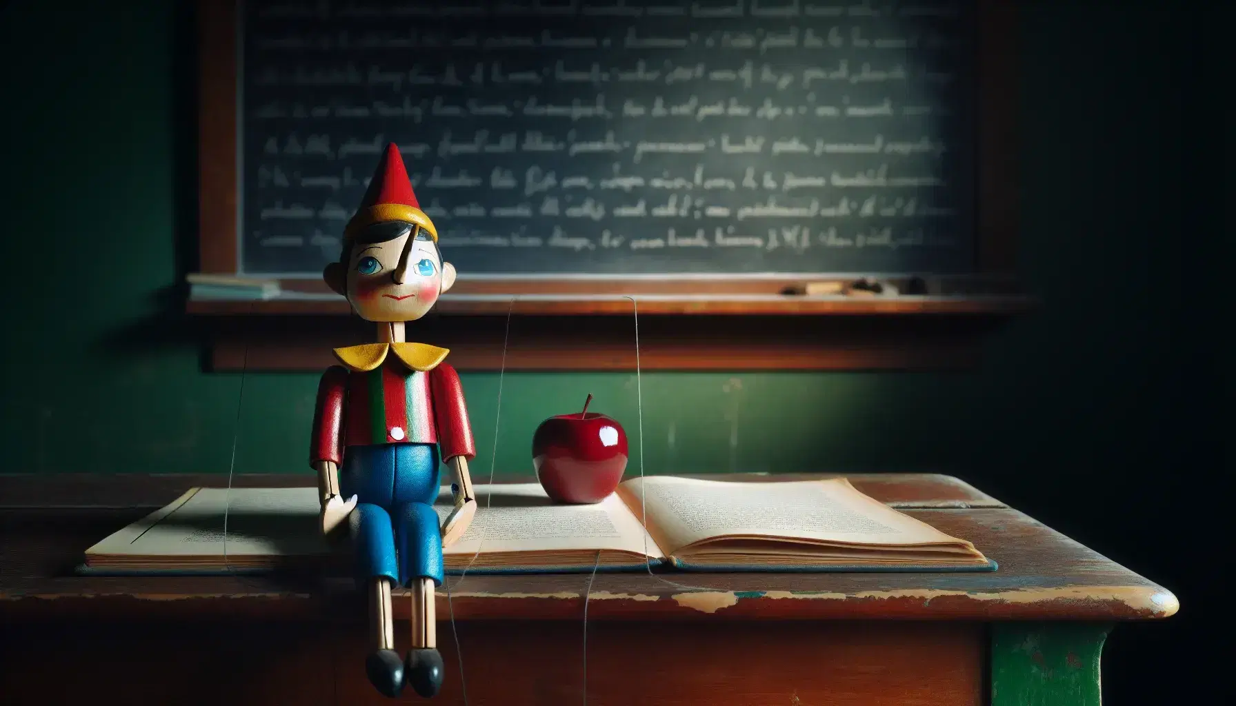 Burattino di legno stile Pinocchio seduto a banco scolastico con libro aperto e mela rossa, lavagna verde sullo sfondo.