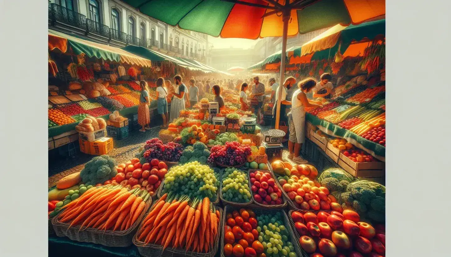 Mercato all'aperto con banco frutta e verdura colorato, persone che fanno la spesa e ombrelloni, senza scritte visibili.