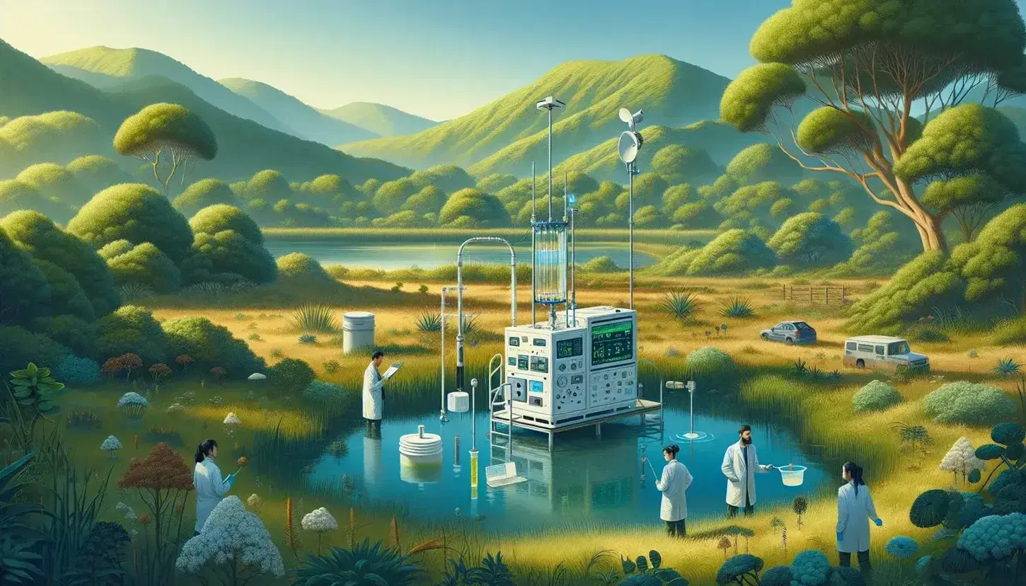 Scientific equipment for research in a natural landscape with weather station, water sampler and three researchers at work.