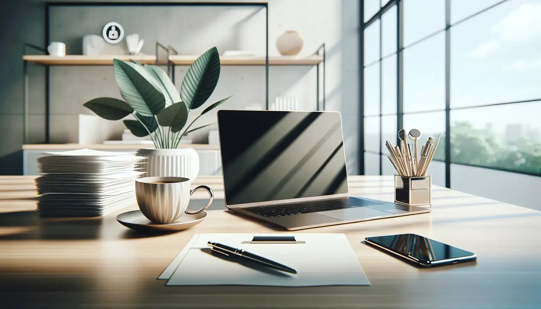 Ufficio moderno e luminoso con scrivania in legno, laptop aperto, cellulare, pianta verde, fogli impilati, penna stilografica e tazza di caffè.