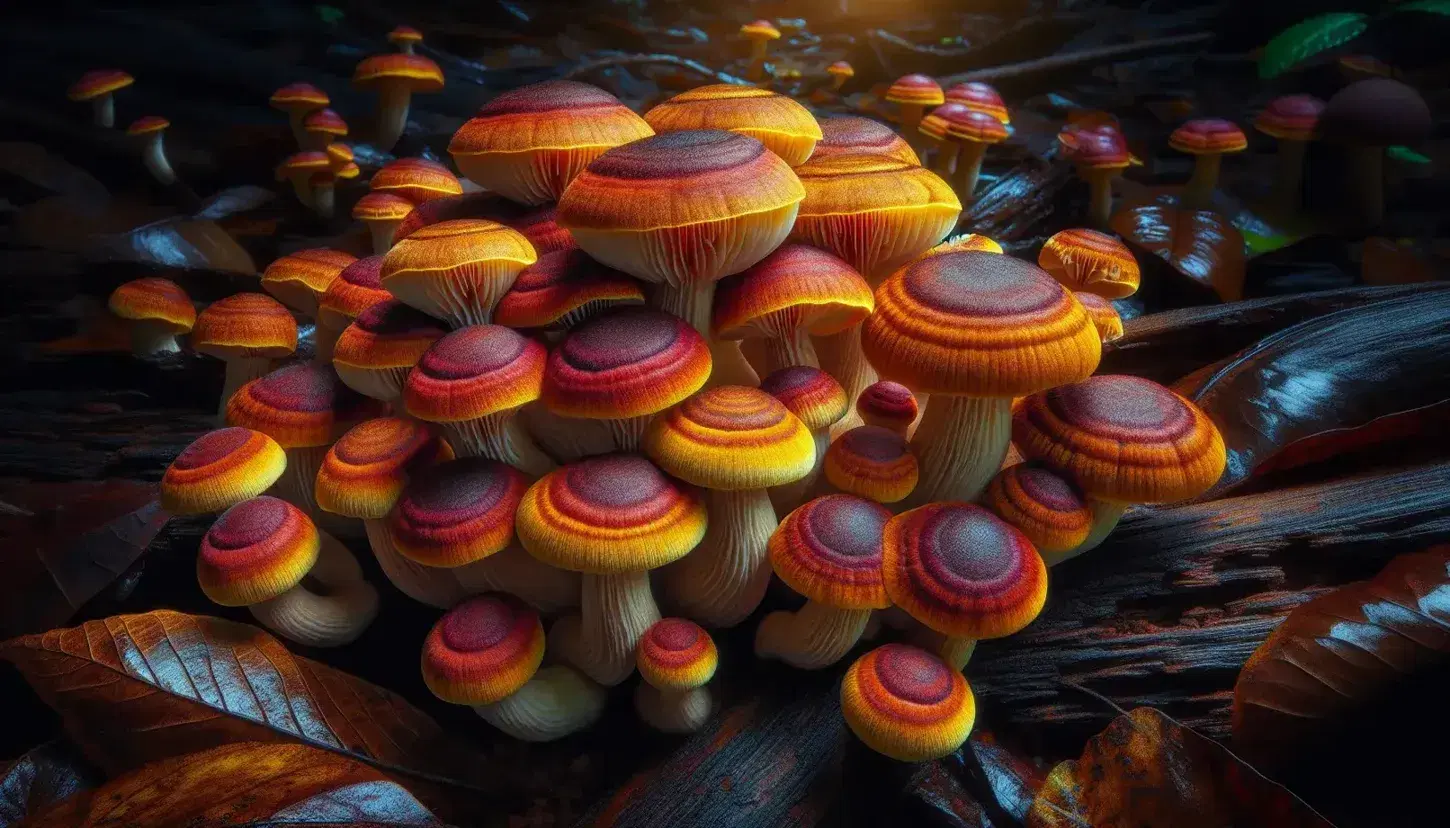Vibrant cluster of mushrooms with smooth caps in shades of brown, red, and yellow, growing on a forest floor with green moss and dappled sunlight.