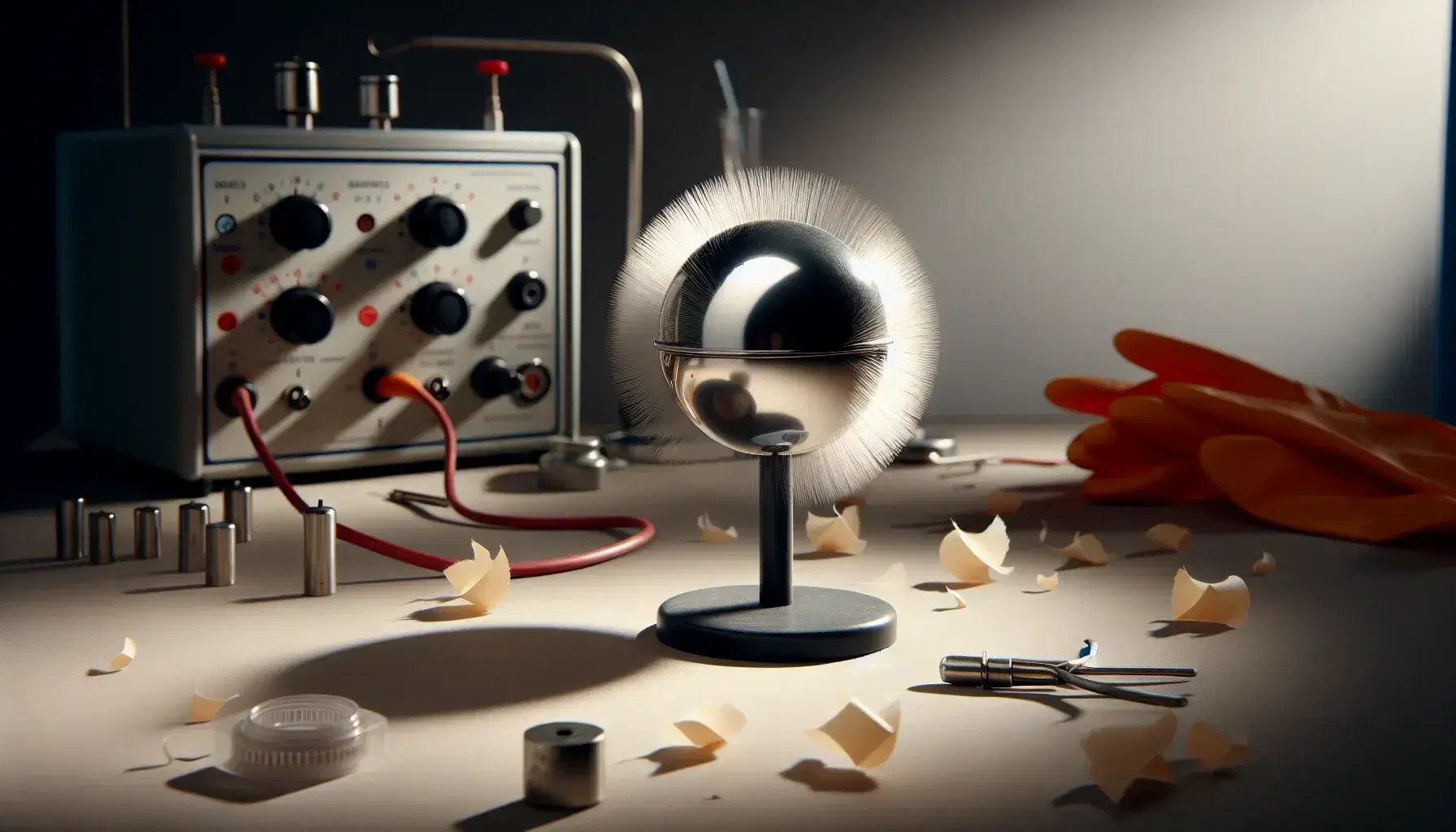 Esfera metálica en laboratorio con papelillos suspendidos por campo eléctrico de un generador Van de Graaff, sobre mesa con guantes y cables.