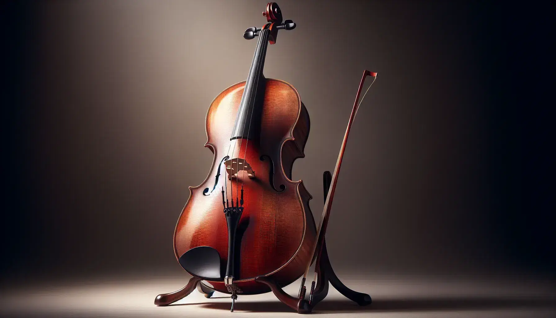 Violoncello verticale su supporto in legno scuro, con archetto, ponticello avorio, tastiera nera e corde tese, su sfondo neutro.