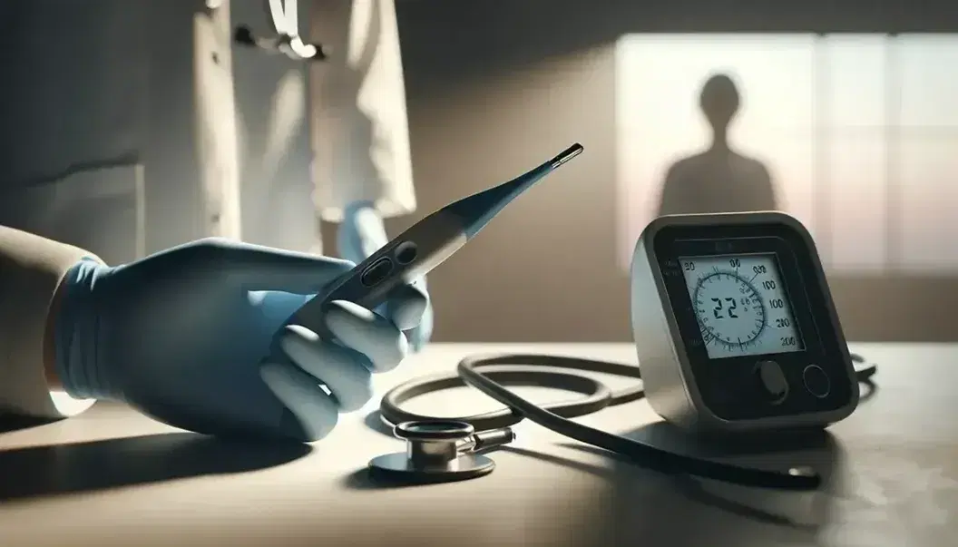 Mano con guante azul sosteniendo termómetro digital en entorno clínico, con esfigmomanómetro y estetoscopio sobre superficie clara y figura borrosa de profesional de la salud al fondo.