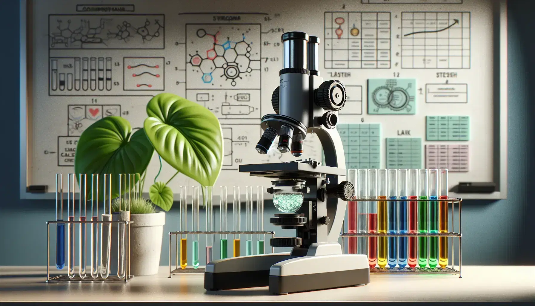 Microscopio compuesto en laboratorio de biología con portaobjetos y muestra azulada, tubos de ensayo con líquidos de colores y planta verde en maceta.