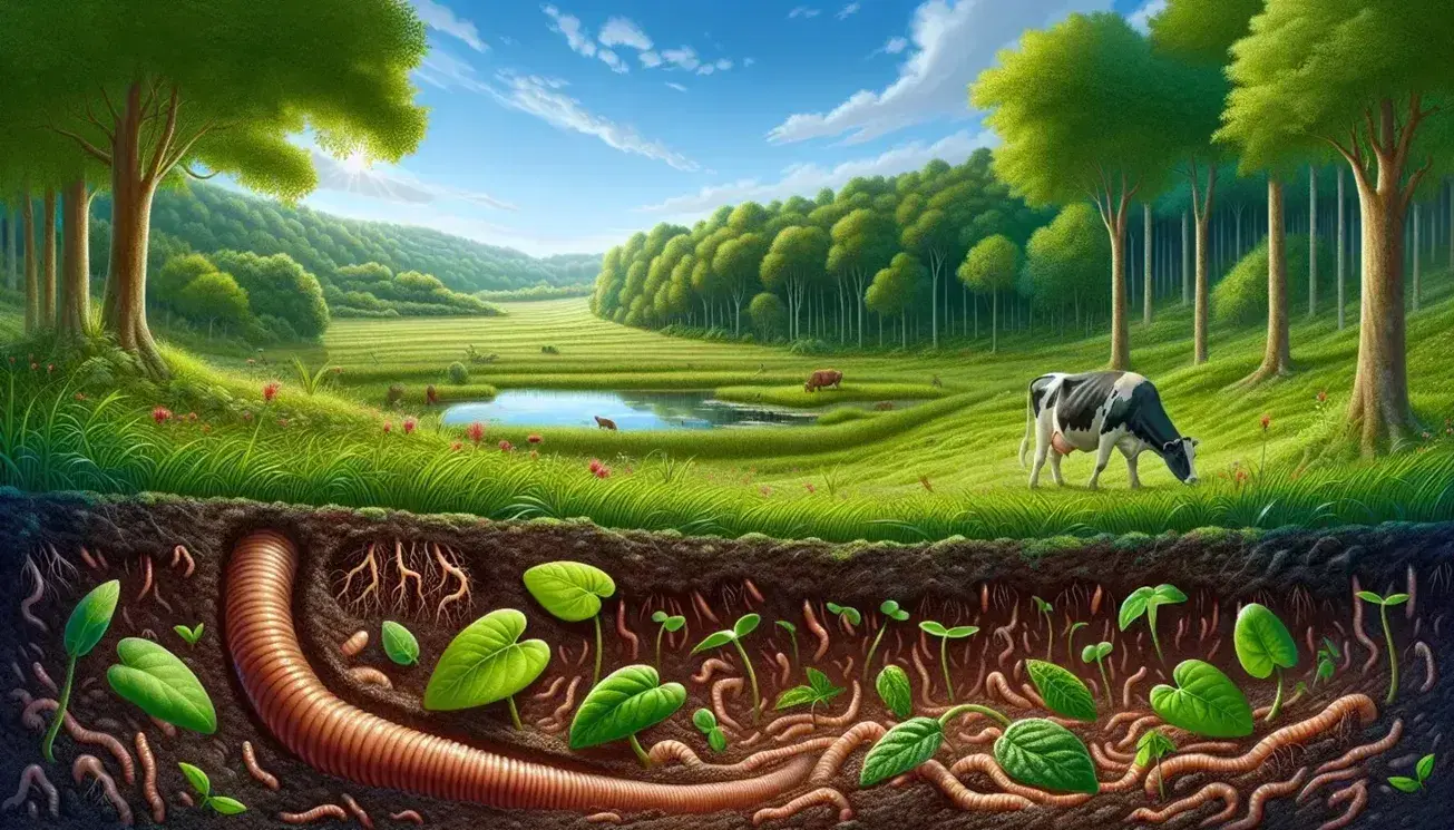 Lush green field with diverse plants and root nodules, clear blue sky, forest backdrop, earthworms in soil, grazing cow, and a small reflective pond.