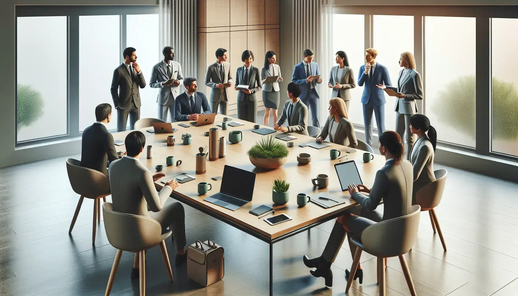 Grupo diverso de profesionales en reunión de trabajo en una sala iluminada con luz natural, utilizando laptops y dispositivos móviles sobre una mesa de conferencia.