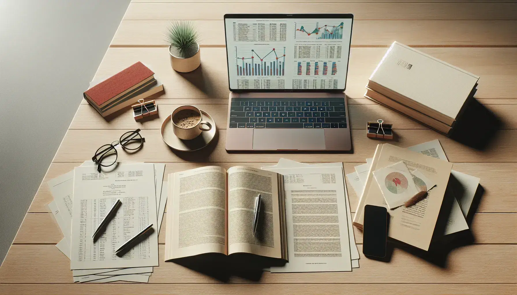 Mesa de trabajo con artículos de investigación, incluyendo papeles apilados, libro abierto con marcador, portátil con gráficos, café humeante y planta verde.