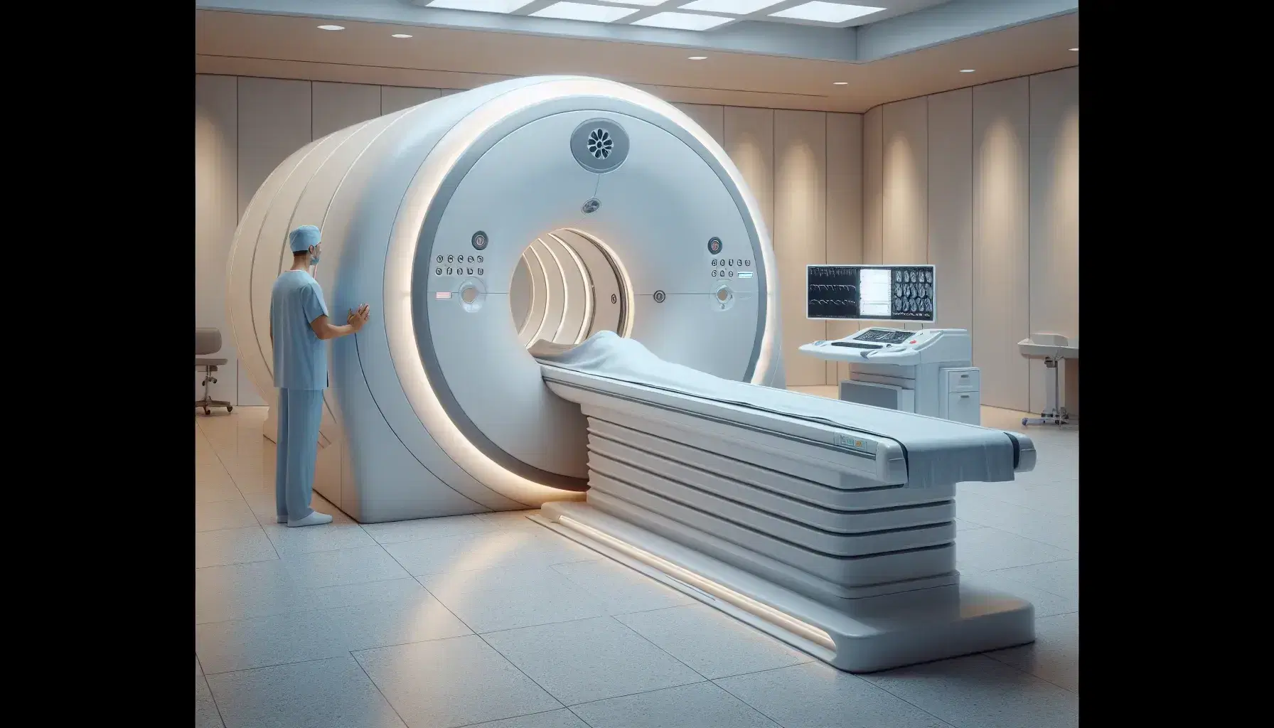 Máquina de resonancia magnética cilíndrica con cama deslizable y técnico de radiología junto a consola de control en sala iluminada.