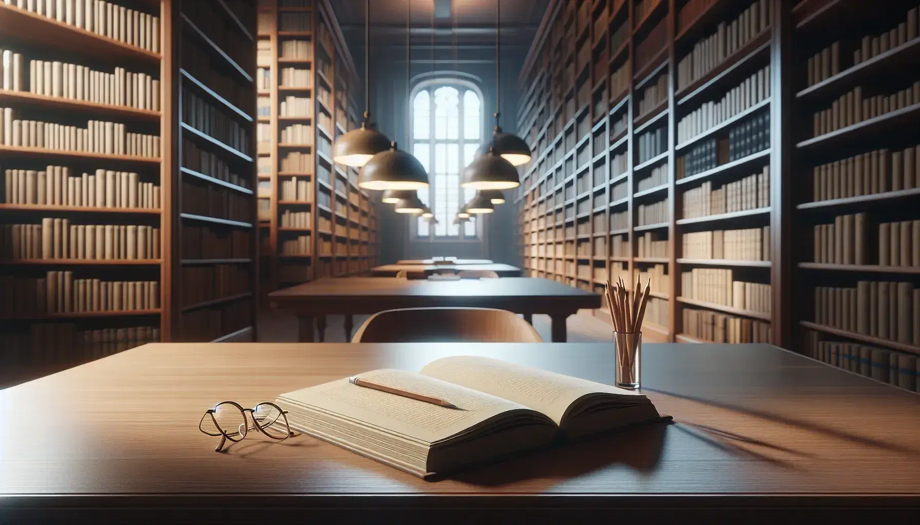 Biblioteca tranquila con mesa de madera, libro abierto, gafas y lápiz, estantes llenos de libros coloridos y luz cálida.