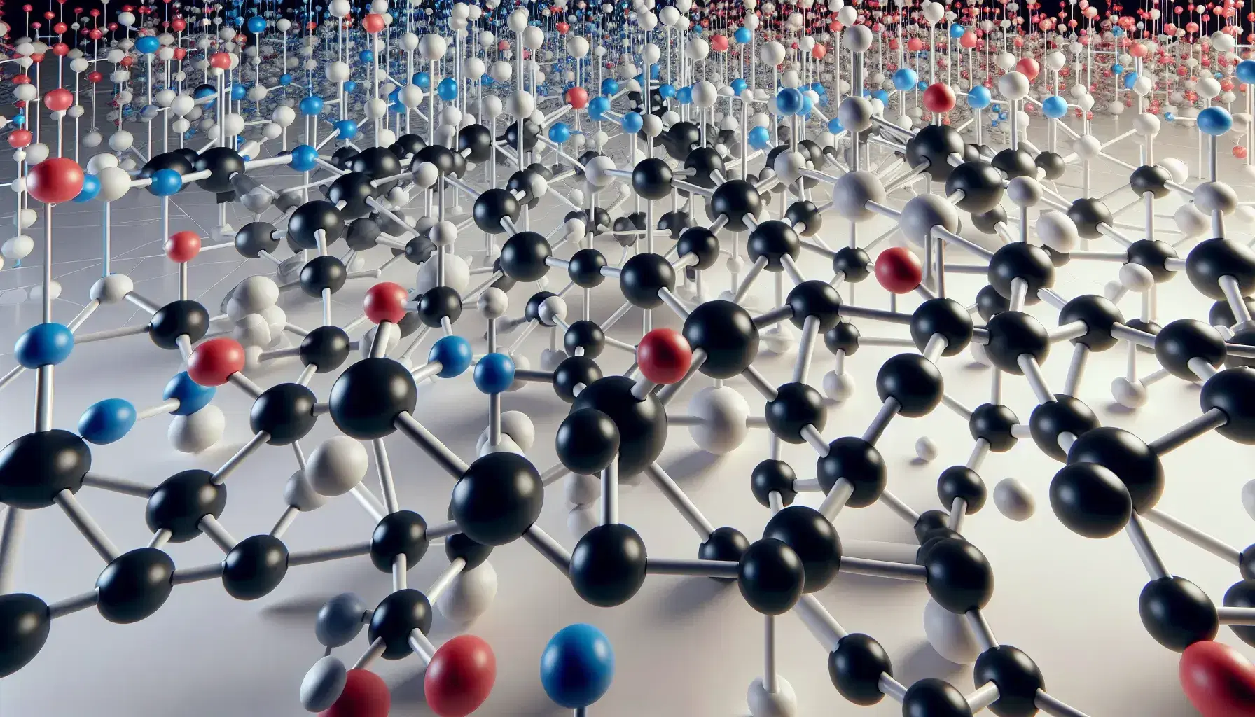 Modelos moleculares tridimensionales con esferas negras, blancas, rojas y azules unidas por varillas que representan átomos y enlaces químicos en distintas configuraciones geométricas.