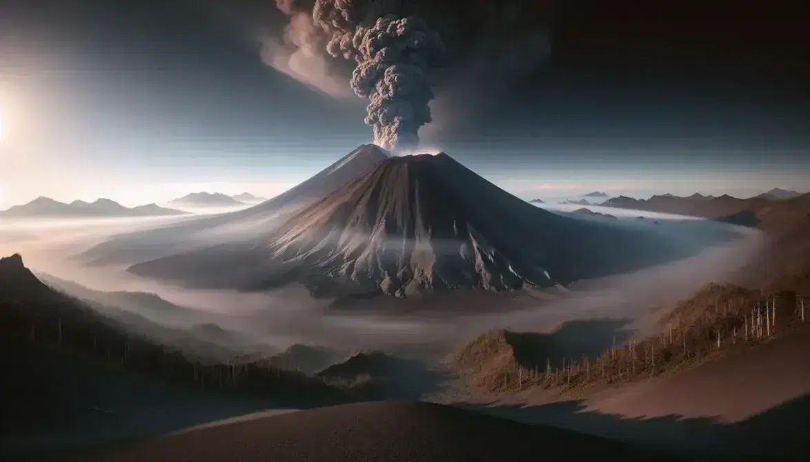 Volcán activo erupcionando con columna de humo y ceniza ascendiendo al cielo claro, flanqueado por vegetación escasa y suelo cubierto de ceniza volcánica.