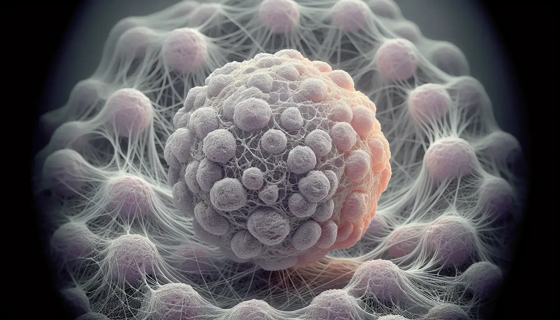 Vista microscópica de células inmunes humanas con un macrófago central rodeado de leucocitos variados sobre tejido conectivo.