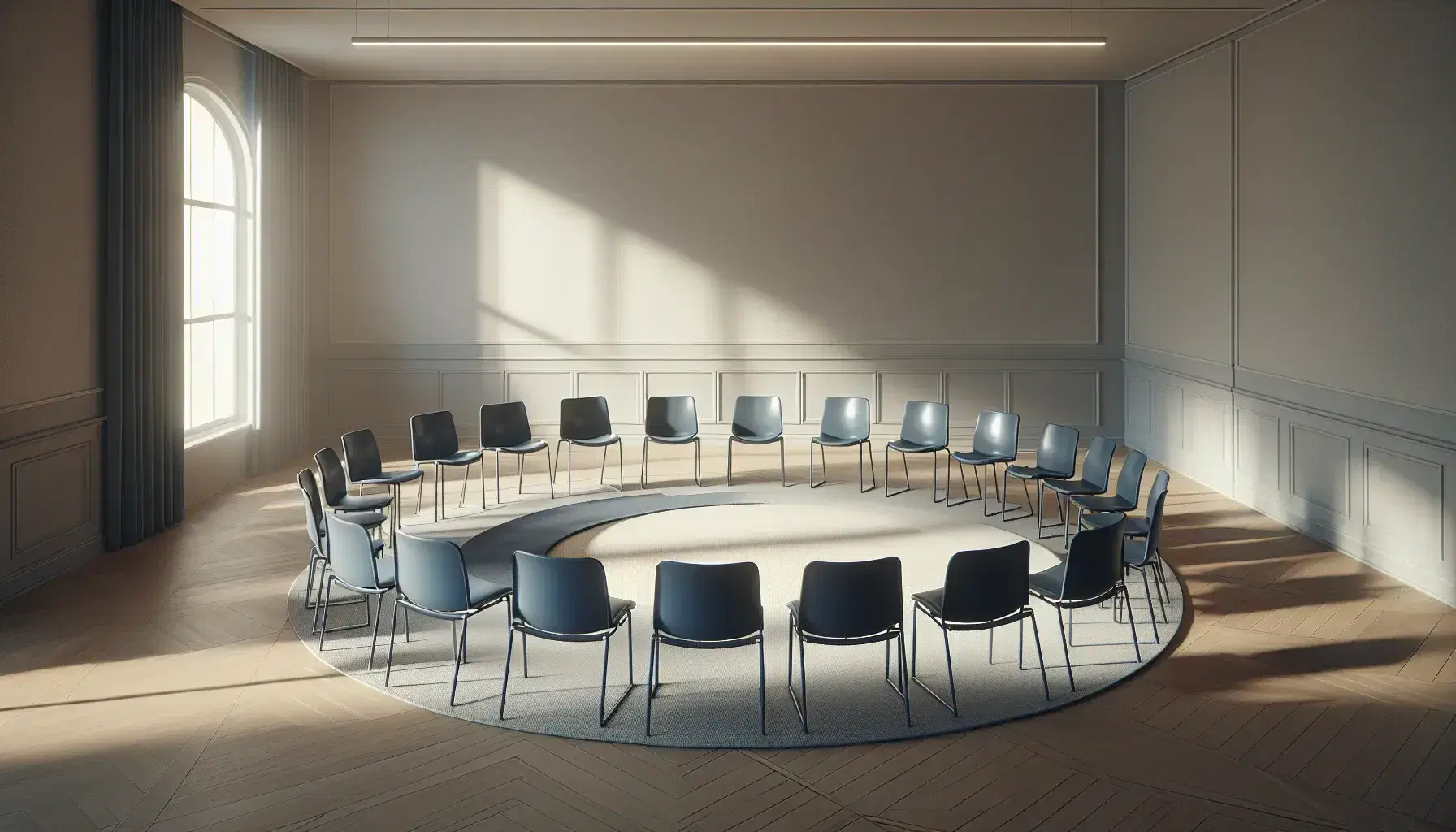 Círculo de sillas azul oscuro con diseño moderno en sala iluminada por luz natural, sobre alfombra gris y suelo de madera laminada, esperando reunión.
