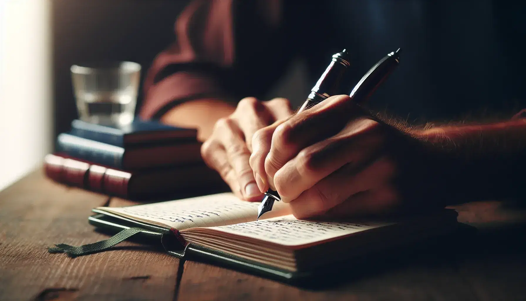 Close-up of hands poised to write with a fountain pen in a blank notebook on a wooden desk beside a stack of books and a glass of water.