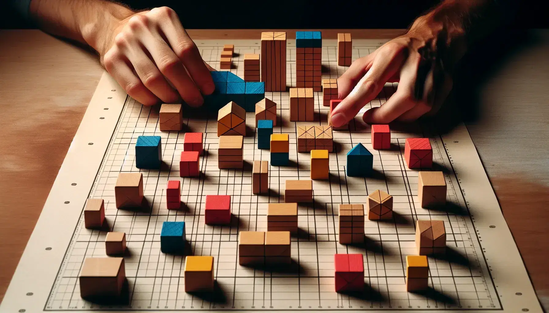 Hands arranging colorful wooden geometric blocks on a grid mat, creating a three-dimensional landscape of shapes.