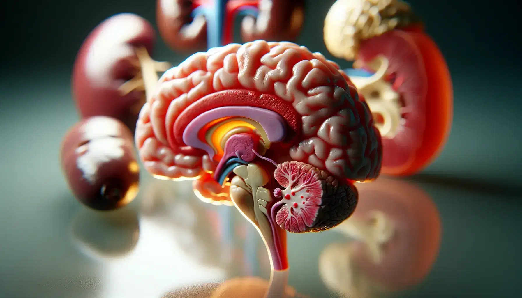 Anatomical model of the human brain with hypothalamus in red, pituitary gland in pink and adrenal gland on blurred kidney in the background.