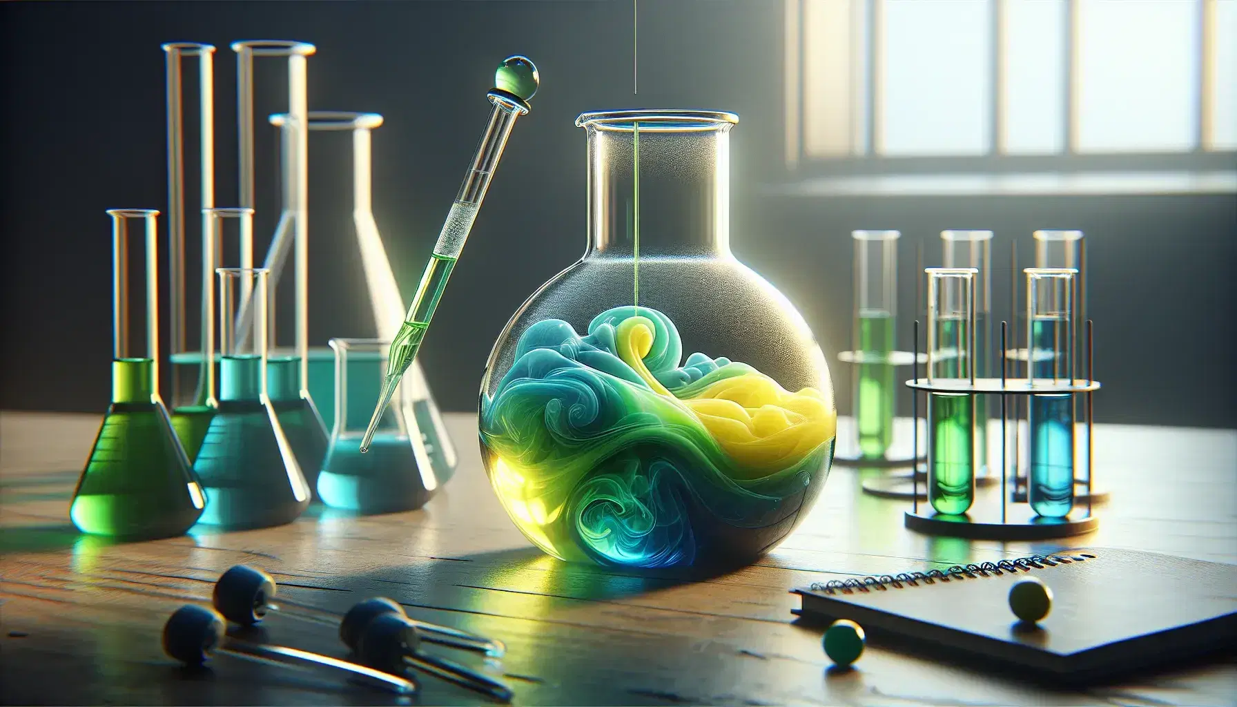Glass flask on laboratory bench with blue and yellow liquids mixing creating green shades, surrounded by glassware and safety glasses.