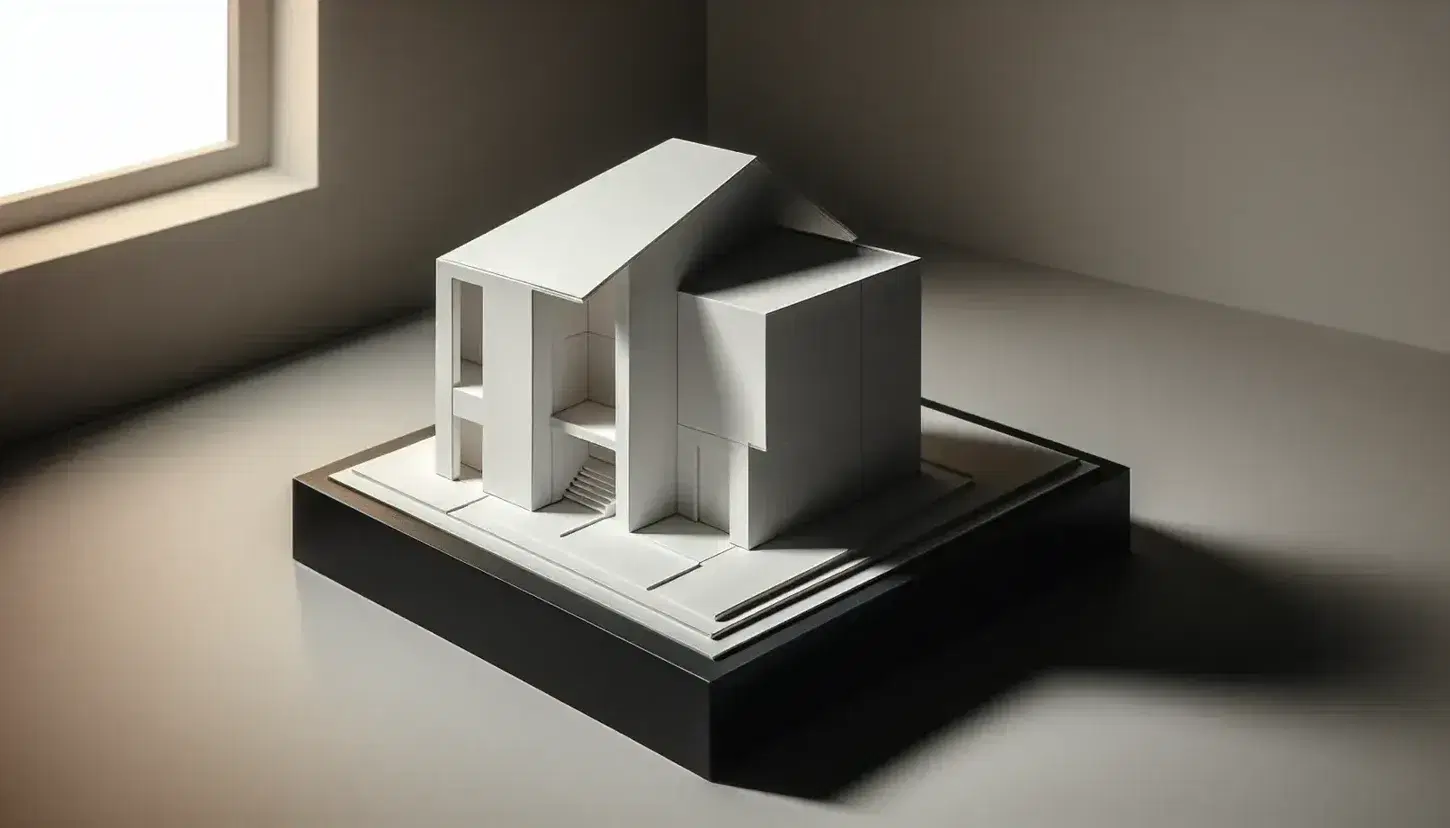 Modello architettonico di casa stilizzata in bianco su base nera, con prospettiva assionometrica obliqua e ombre che ne evidenziano la tridimensionalità.