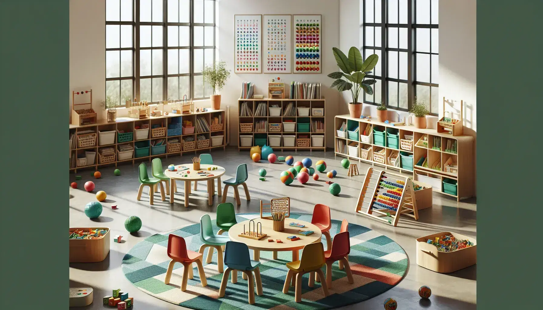 Aula escolar luminosa con mesas redondas y sillas de colores, materiales educativos, estantería con libros y juguetes, y dibujos infantiles en la pared.