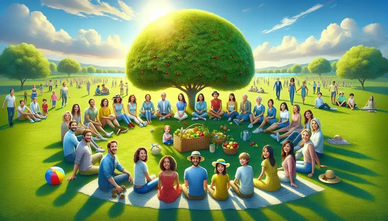 Grupo diverso sonriente en picnic al aire libre bajo árbol florido, con cesta de frutas y pelota colorida en césped verde bajo cielo azul.
