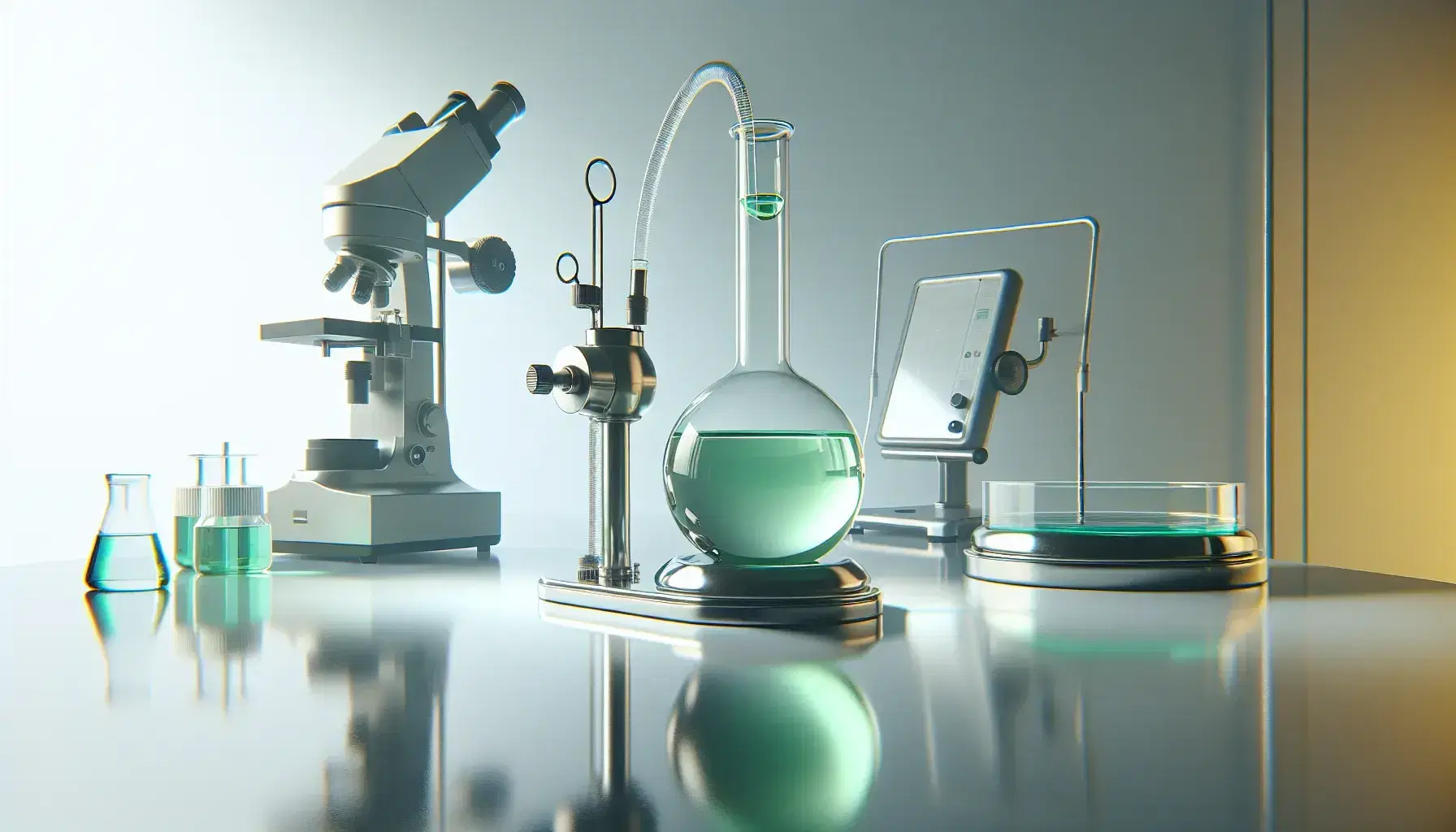 Modern laboratory with a green liquid in a flask connected to a blue liquid container, a microscope, a robotic arm, and test tubes with colored liquids.