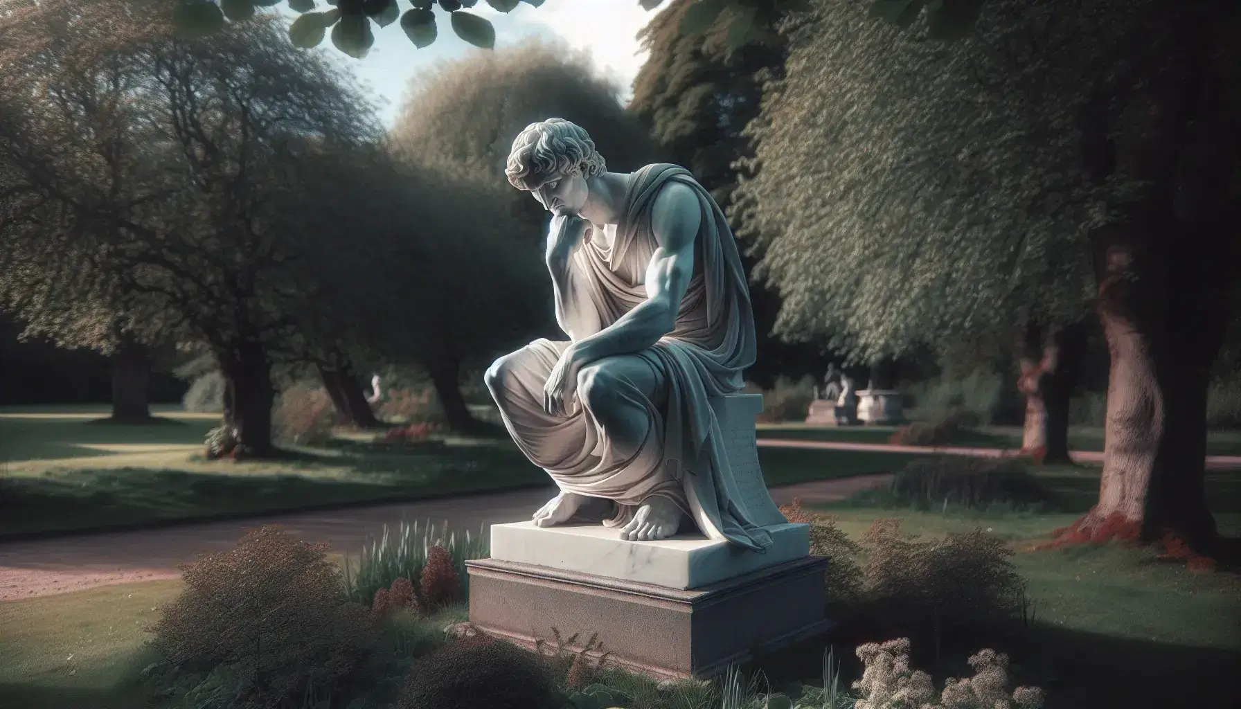 Statua in marmo bianco di figura storica pensierosa in parco con alberi, illuminata da luce naturale, senza scritte visibili.