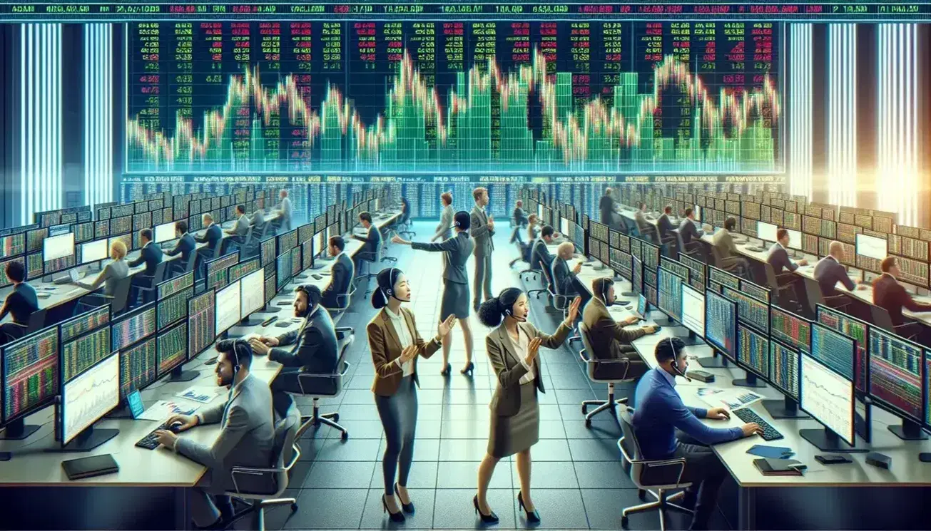 Diverse traders actively engage in stock exchange floor operations, with a prominent digital ticker and multiple computer screens in the background.