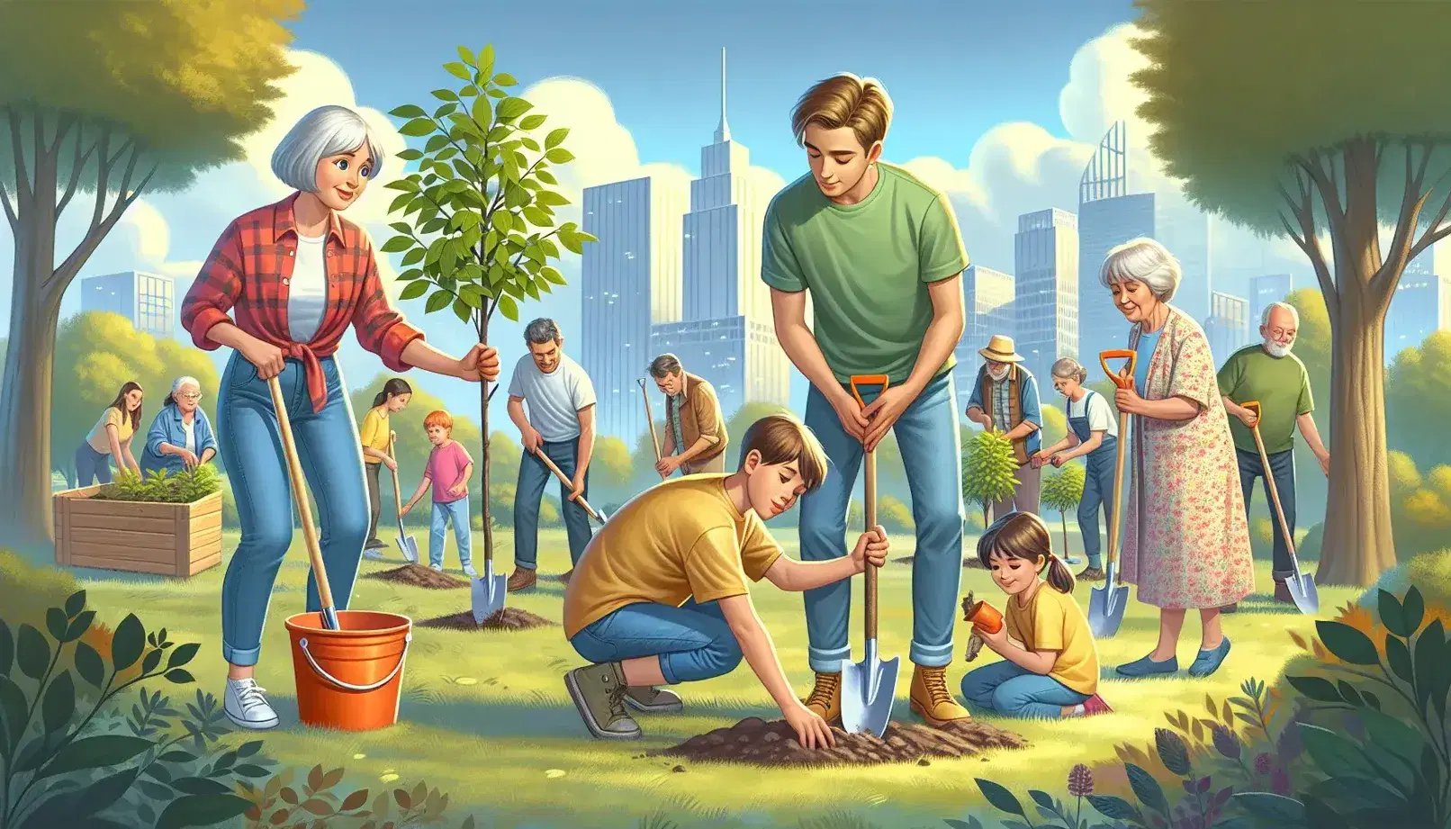Gruppo multigenerazionale pianta alberi in parco cittadino, uomo e donna lavorano sul terreno, bambini giocano con secchio, anziana lega albero.