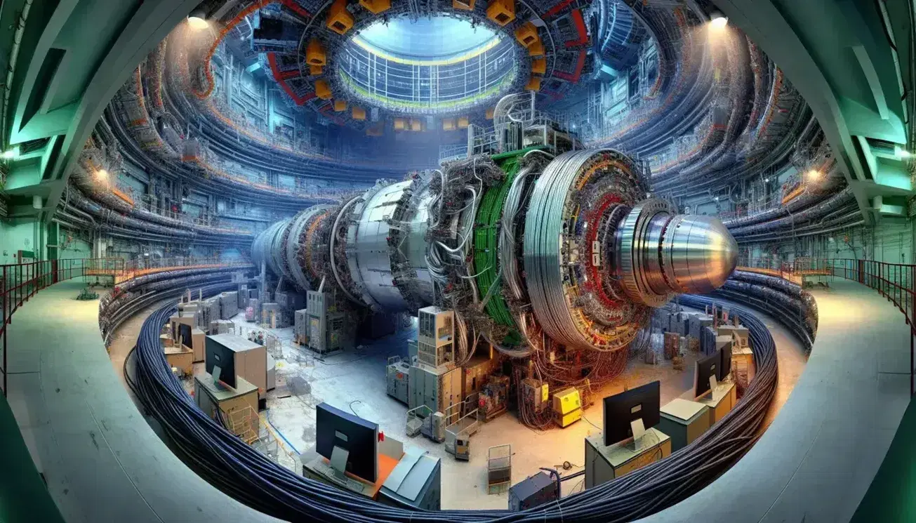 Particle collision experiment in an accelerator with multilayer cylindrical detector and scientists working in the laboratory.