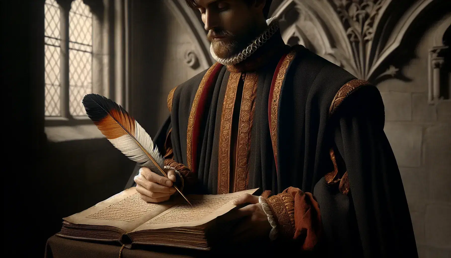 Retrato de hombre con vestimenta medieval sosteniendo pluma y libro, en habitación de piedra con luz suave.