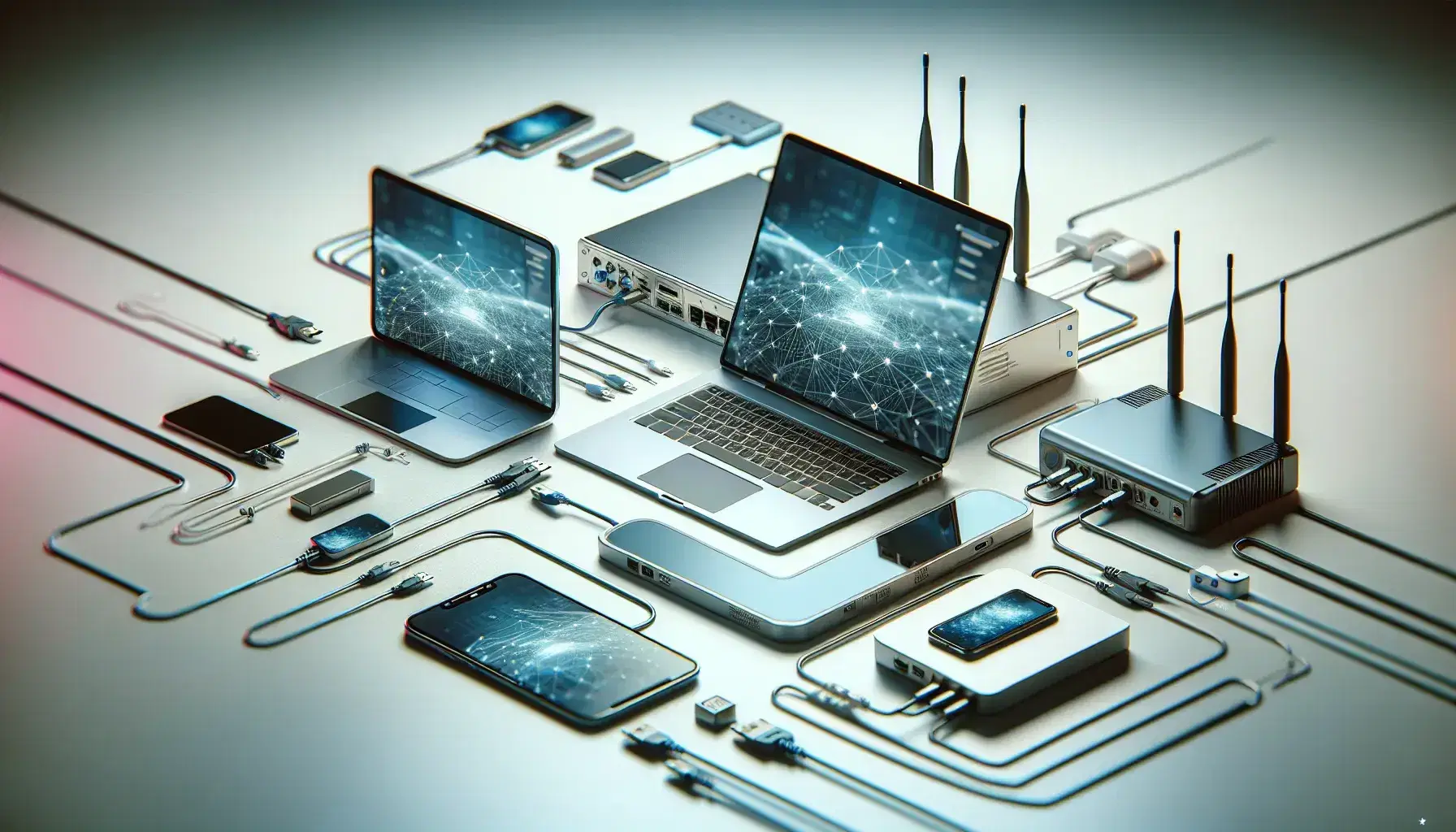 Conjunto de dispositivos electrónicos modernos con laptop abierto, smartphone, tablet y router inalámbrico conectados por cables en superficie clara.