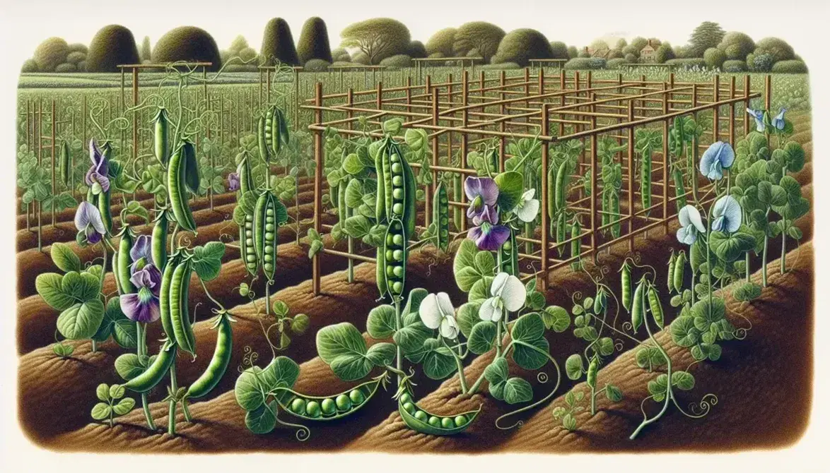 Vibrant pea garden with purple and white flowers on plants, mature pods, and a wooden trellis against a clear blue sky, reflecting meticulous care.