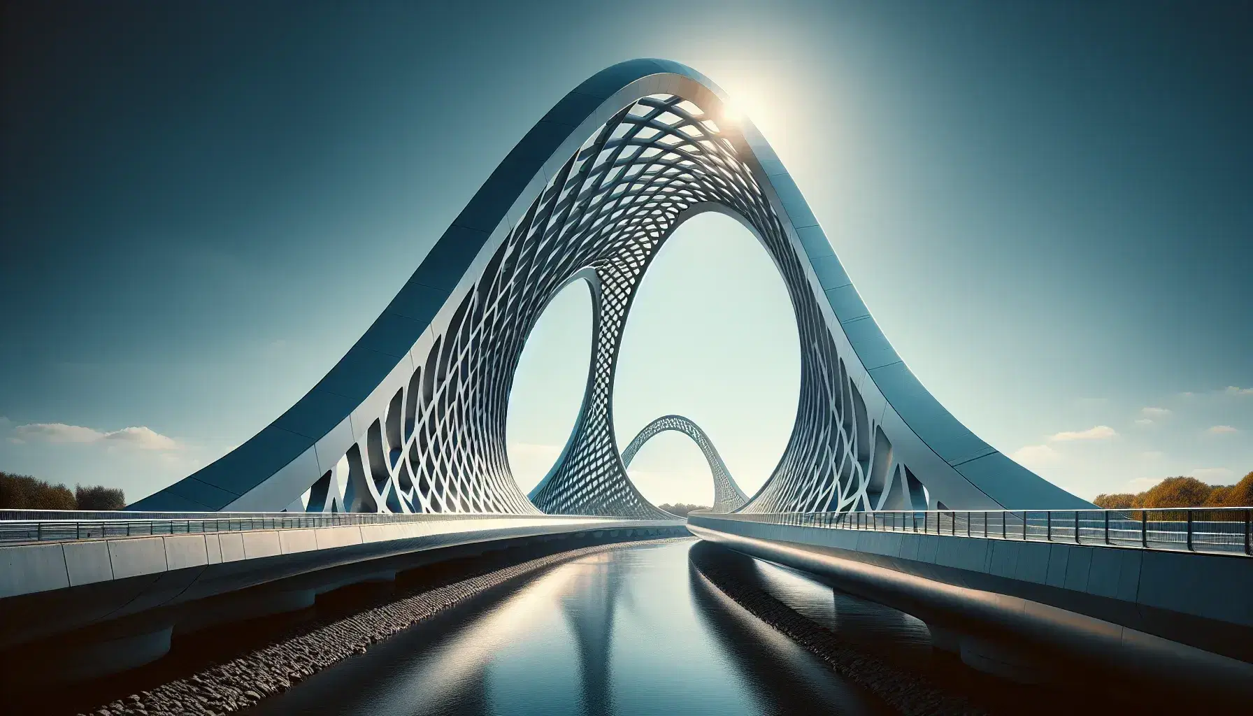 Parabolic metallic bridge with reflective surface arching over water against a clear blue sky, highlighted by sunlight at its vertex.
