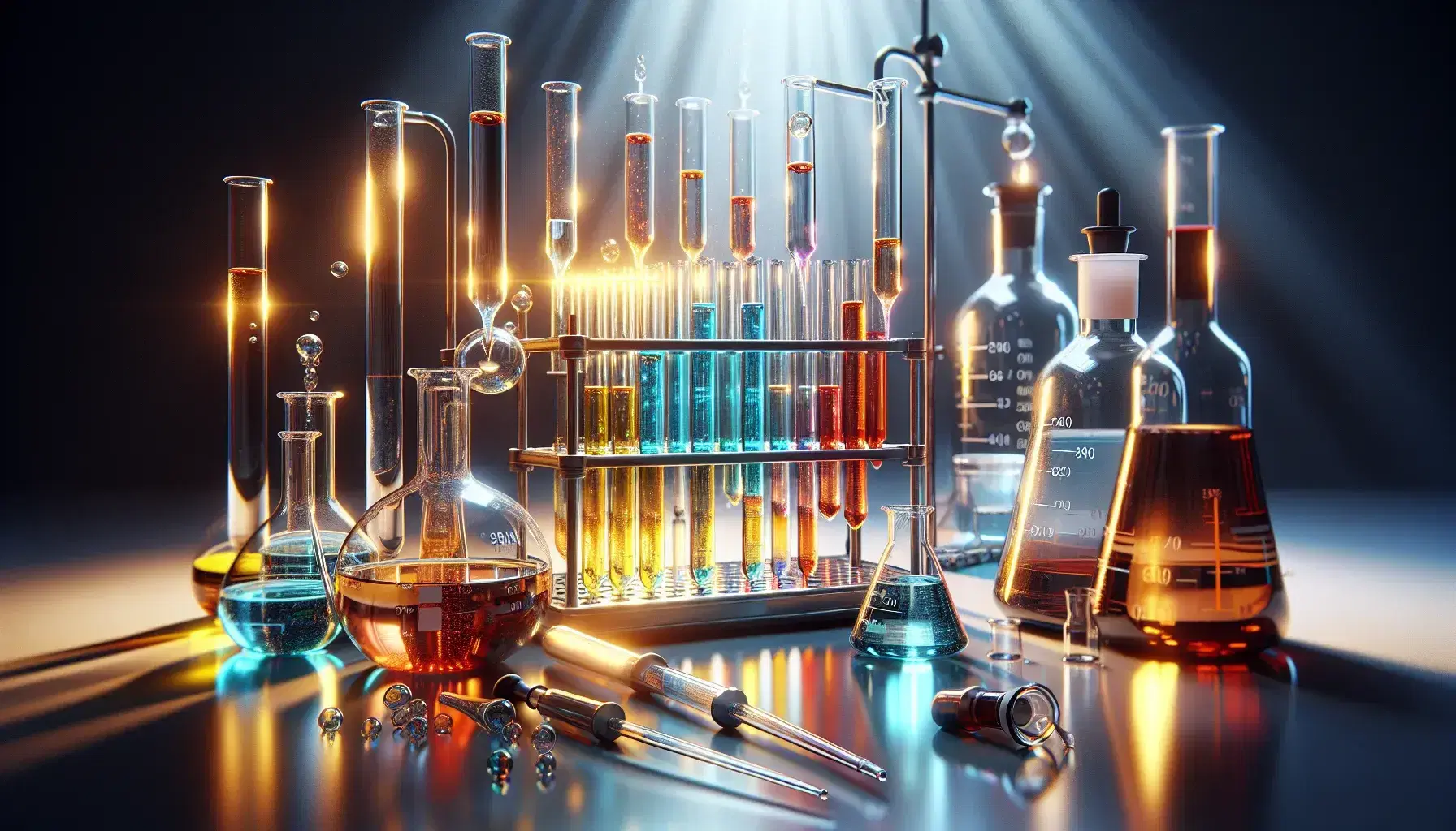 Laboratorio chimico con provette contenenti liquidi colorati su supporto metallico, pipette su banco e becher con liquidi trasparente e arancione.
