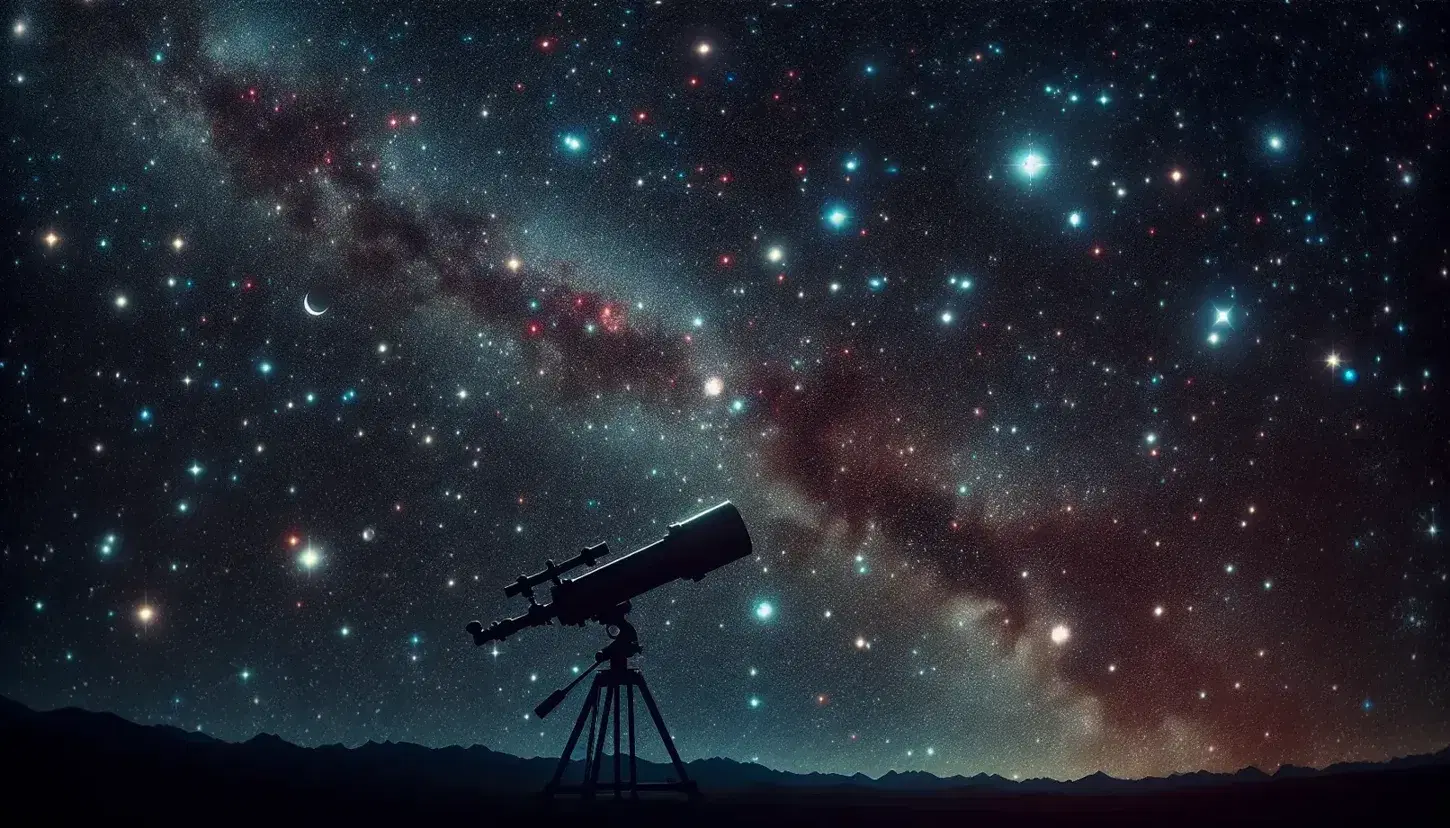 Starry night sky with a spectrum of red to blue stars and a silhouette of a telescope on a tripod aiming upwards.