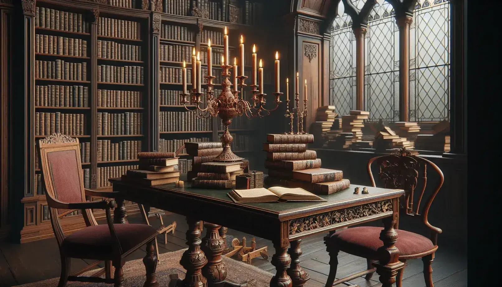 Biblioteca antigua con mesa de madera oscura y candelabro de bronce, sillas de terciopelo rojo, estanterías llenas de libros y alfombras persas.