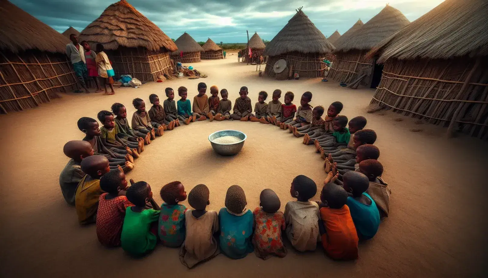 Bambini seduti in cerchio su strada polverosa di un villaggio, attendono porzioni di riso da una ciotola metallica al centro.