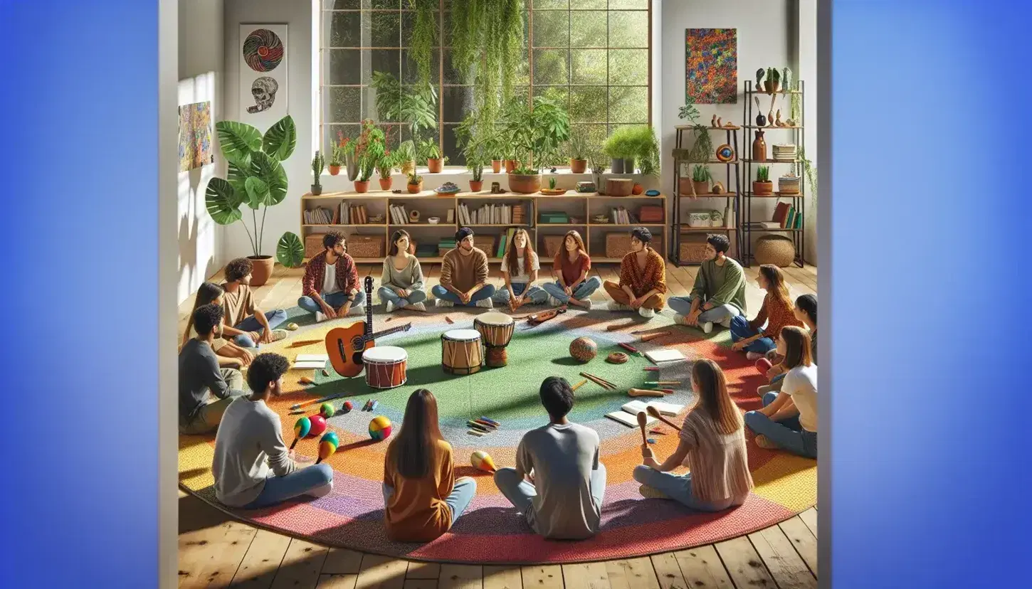 Grupo diverso de estudiantes sentados en círculo en una sala iluminada con instrumentos musicales en el centro, hojas y lápices de colores en una mesa baja, y una ventana que muestra un árbol frondoso.