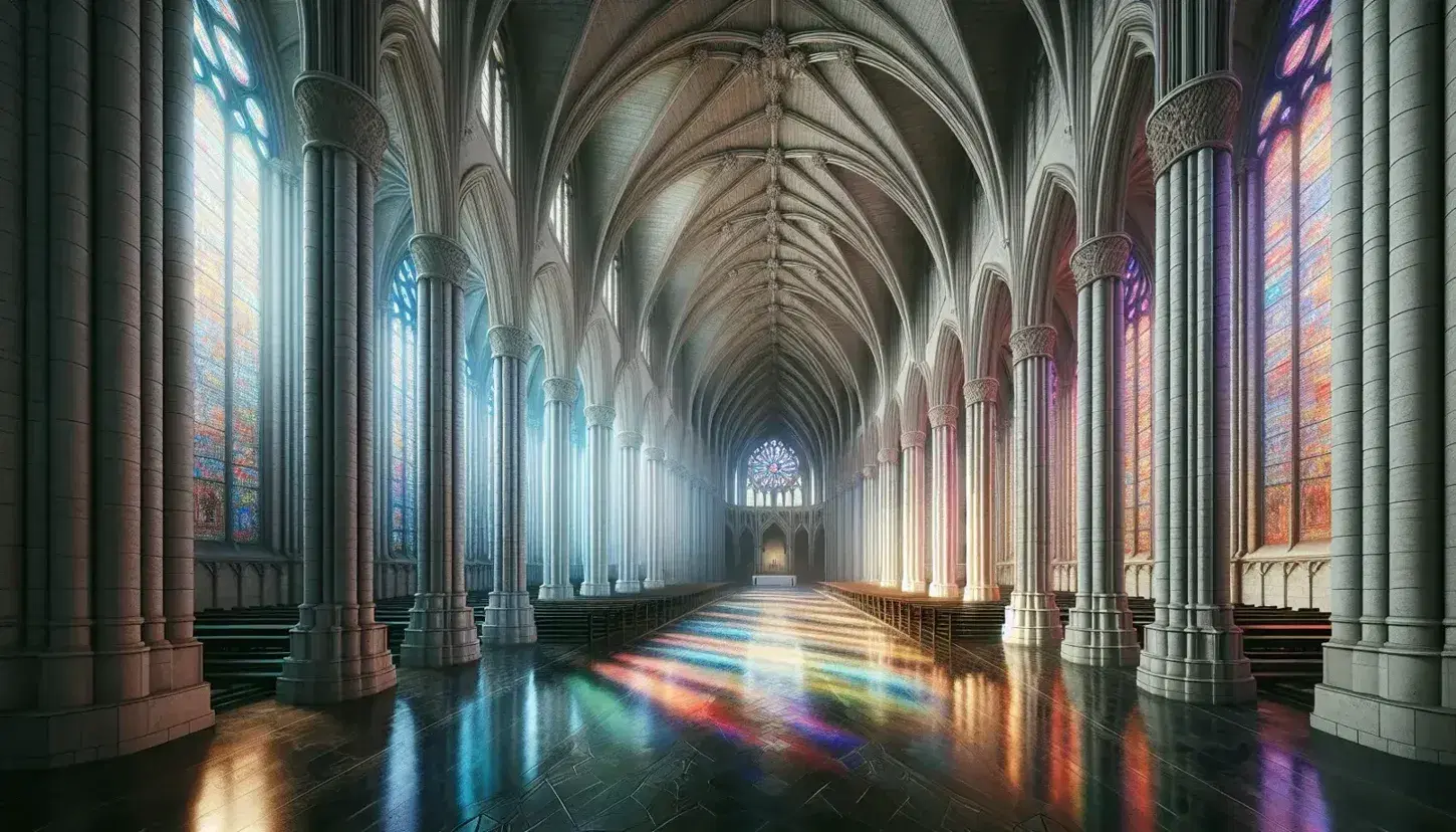 Interno gotico di chiesa con colonne alte, archi a sesto acuto, soffitto a volta, vetrate colorate e panche in legno.