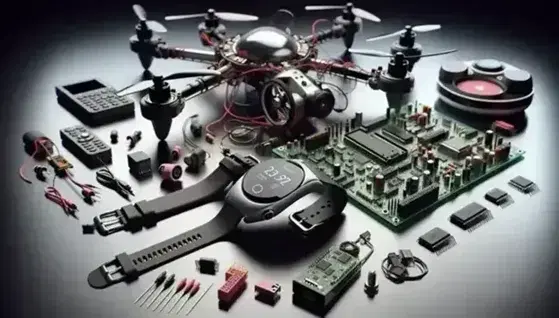 Modern smartwatch, digital thermostat, partially disassembled drone, single-board computer and robotic arm in an image that highlights embedded systems.