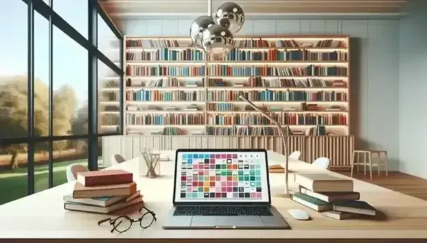 Biblioteca moderna con scaffali in legno chiaro pieni di libri colorati, scrivania bianca con laptop e occhiali, lampada e finestra con vista sfocata su alberi.