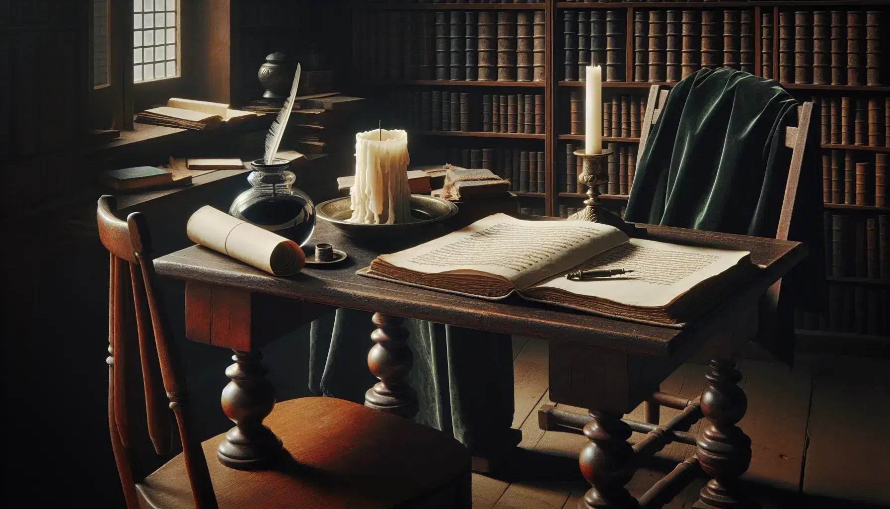 Estudio renacentista con mesa de madera, libro abierto, tintero cerámico, pergamino, vela, silla con cojín de terciopelo y capa, estantes con frascos y herramientas metálicas, iluminado por ventana.
