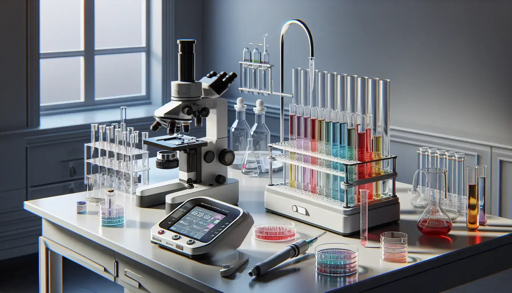 Laboratorio clínico moderno con microscopio, tubos de ensayo con líquidos de colores, pipeta automática, platos de Petri y balanza analítica.